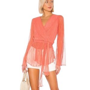House of Harlow 1960 x Revolve Meriem Coral Orange Sheer Wrap Blouse - S